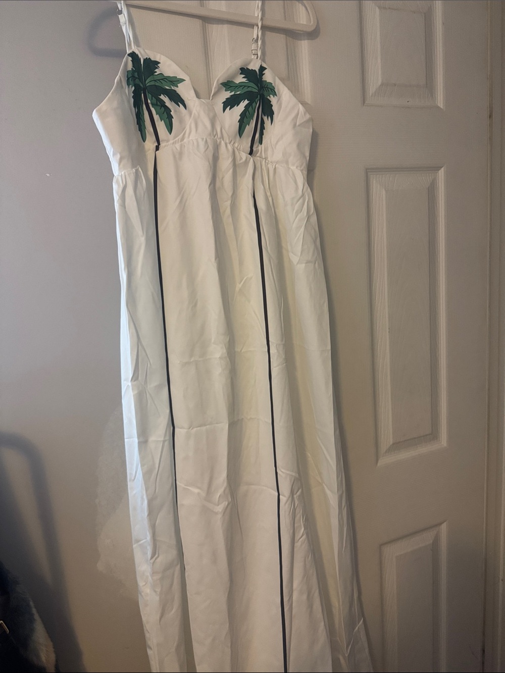 White Maxi Dress with Green Palm Embroidery
